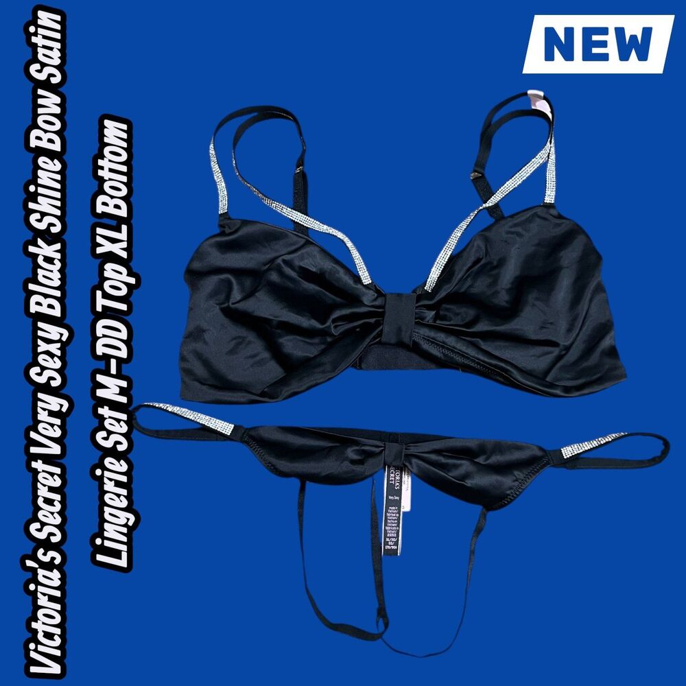 🔴NEW NWT Victoria’s Secret Very Sexy Black Shine Bow Satin Lingerie Set M-DD Top - Picture 5 of 11